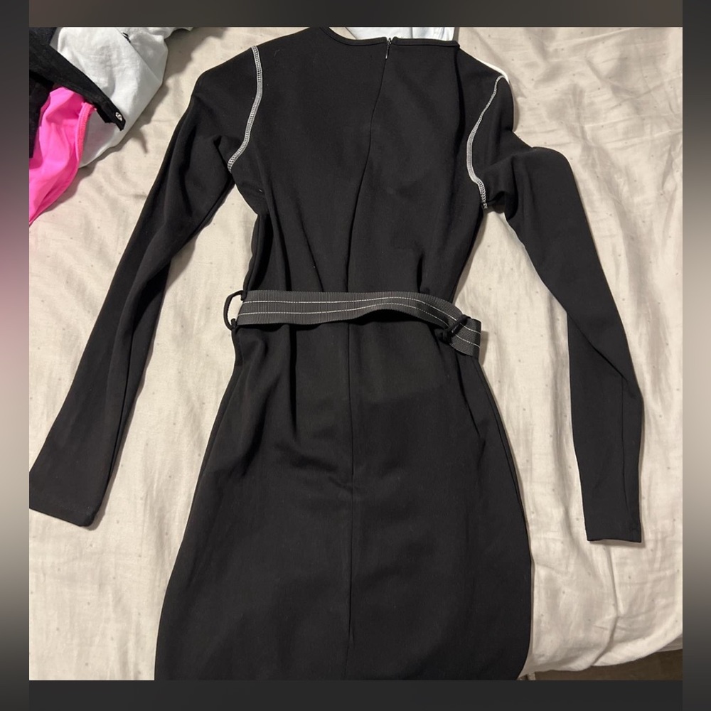 Maniere De Voir Black Long-Sleeve Bodycon Dress with White Piping - Picture 3 of 4